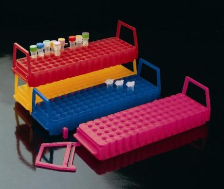 Double-sided microtube rack with removable handle, in several colors
