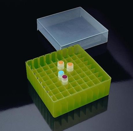 Micro and cryotube storage box with removable, transparent lid, in several colors